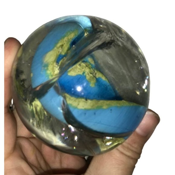 Art Glass Blue Green Yellow Swirled Paperweight - Picture 7 of 9